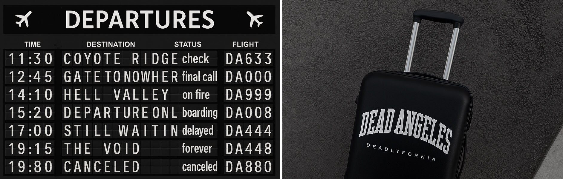 Black suitcase with 'Dead Angeles Deadlyfornia' text on a textured gray backgroundslider_item_JThMA9