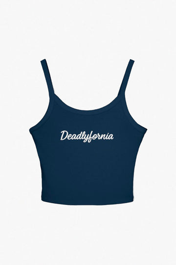 Deadlyfornia embroidery ribbed aesthetic crop top, navy blue color tank top