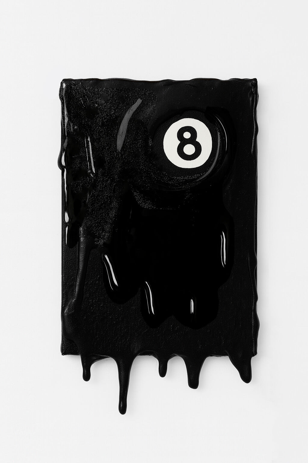 Black pool ball with number 8 on a white background. Melting artwork painting. Urban wall decor. 