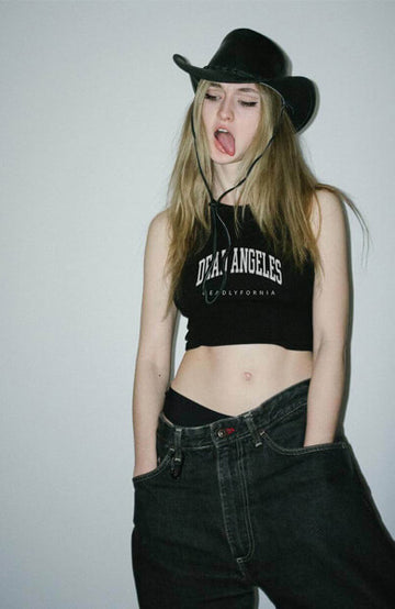 Dead Angeles Clothes Collection With Dark Western Apparel, Gothic Cowboy Aesthetic Clothing. Yallternative Vibes. For warm West Coast days, this tank blends LA attitude with Dead Angeles' — where California edge meets gothic minimalism. 