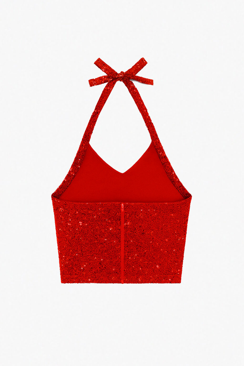 Red sequin crop top with devil face gates to horror park full sequin halter top by Dead Angeles