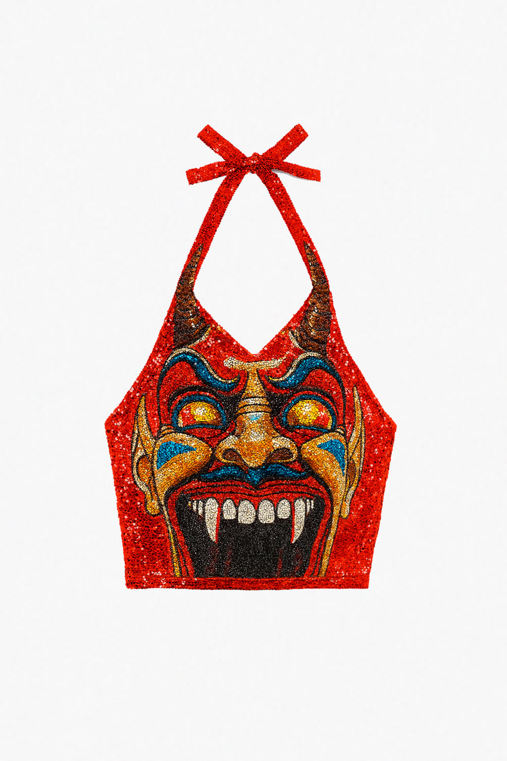 Red sequin crop top with devil face gates to horror park full sequin halter top by Dead Angeles