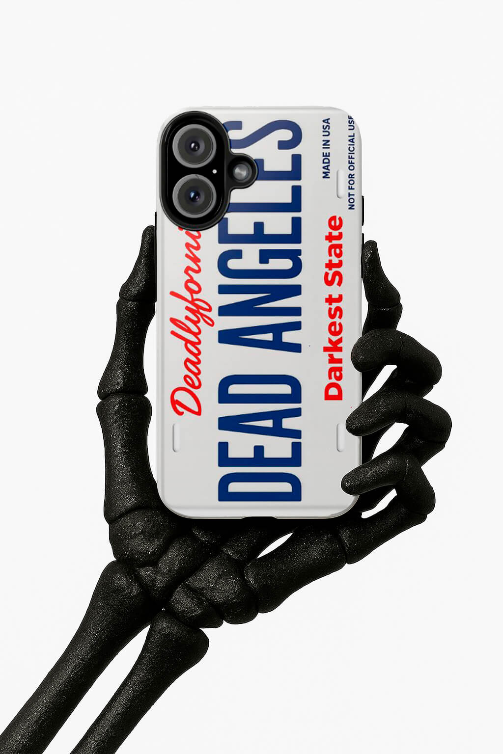 Black skeletal hand holding iPhone with Deadlyfornia license plate case — bold gothic design with red and blue letteringshop_this_look_amDhCa