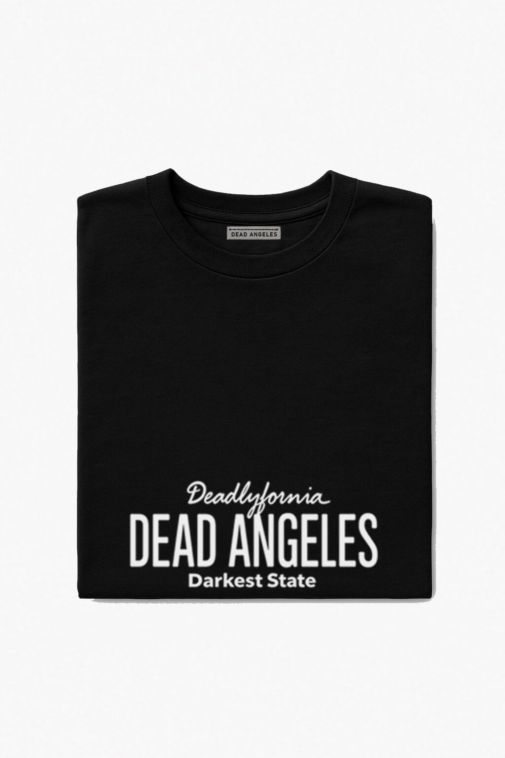 Dead Angeles Graphic T-Shirt Laid Flat Showing Hand-Drawn Deadlyfornia Road Sign Print