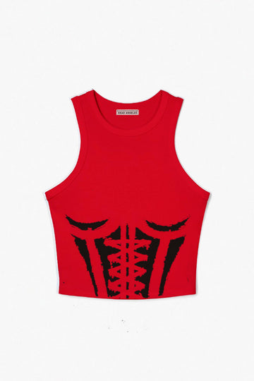 Graphic Tee Stencil Corset Paint Print Ribbed Crop Top Red