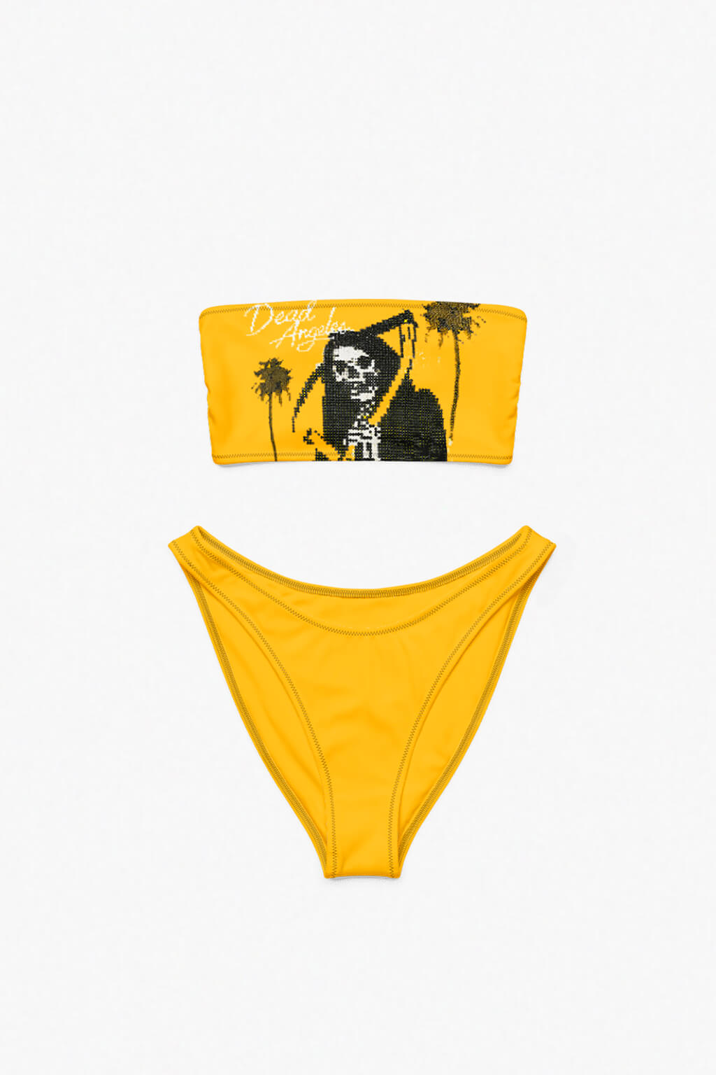 Yellow Alternative Gothic Bikini With Skull Grim Reaper Print And Palms Pixel Art Print by Dead Angeles On White Background