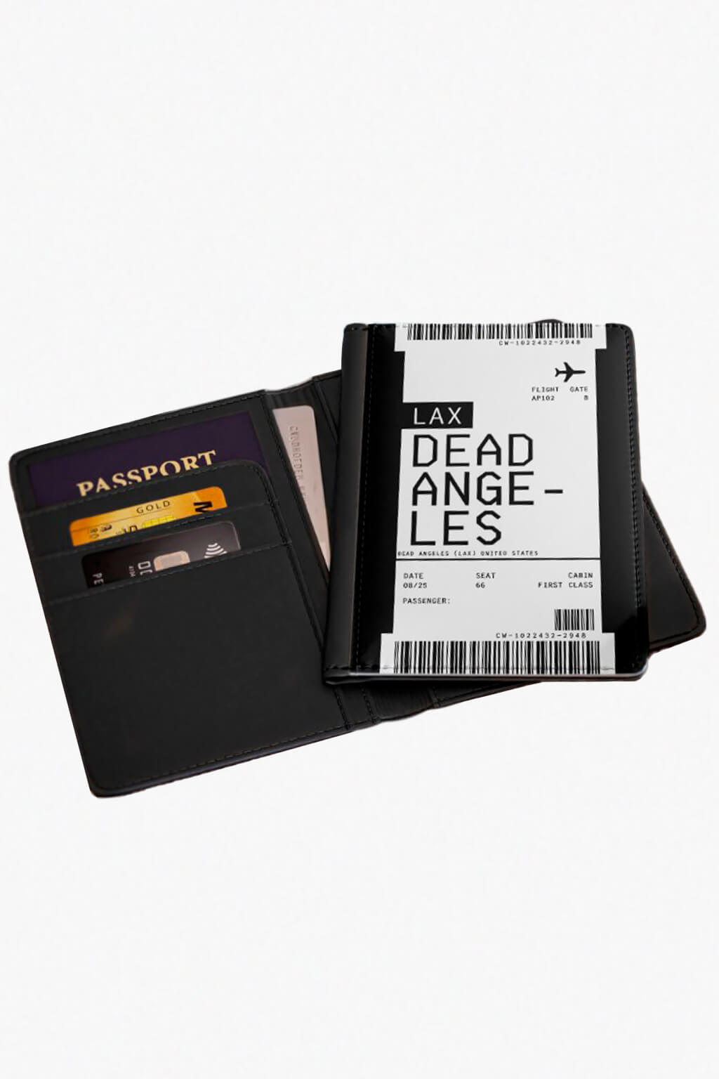 Black pu leather passport cover with dead angeles boarding pass print