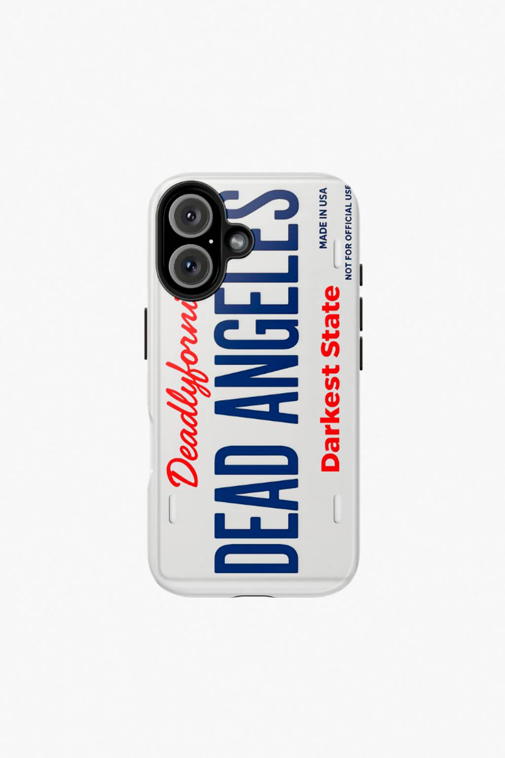 White iphone case featuring bold "deadlyfornia dead angeles darkest state" license plate design in red and blue text on a clean background