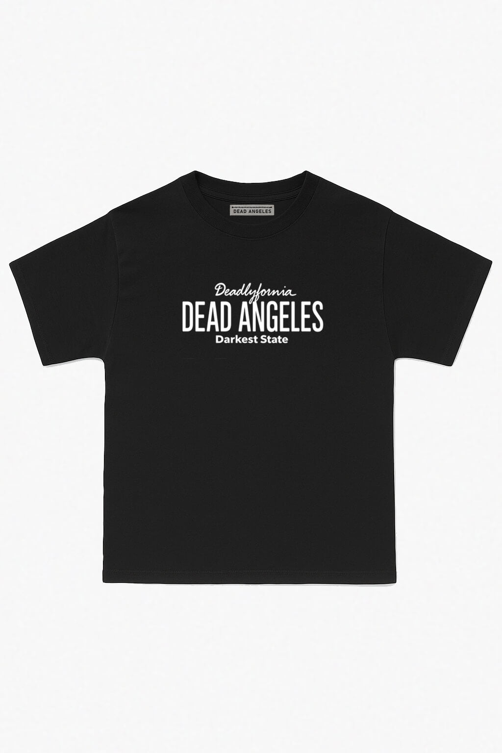 White graphic tee featuring dead angeles deadlyfornia car sign print inspired by route 66