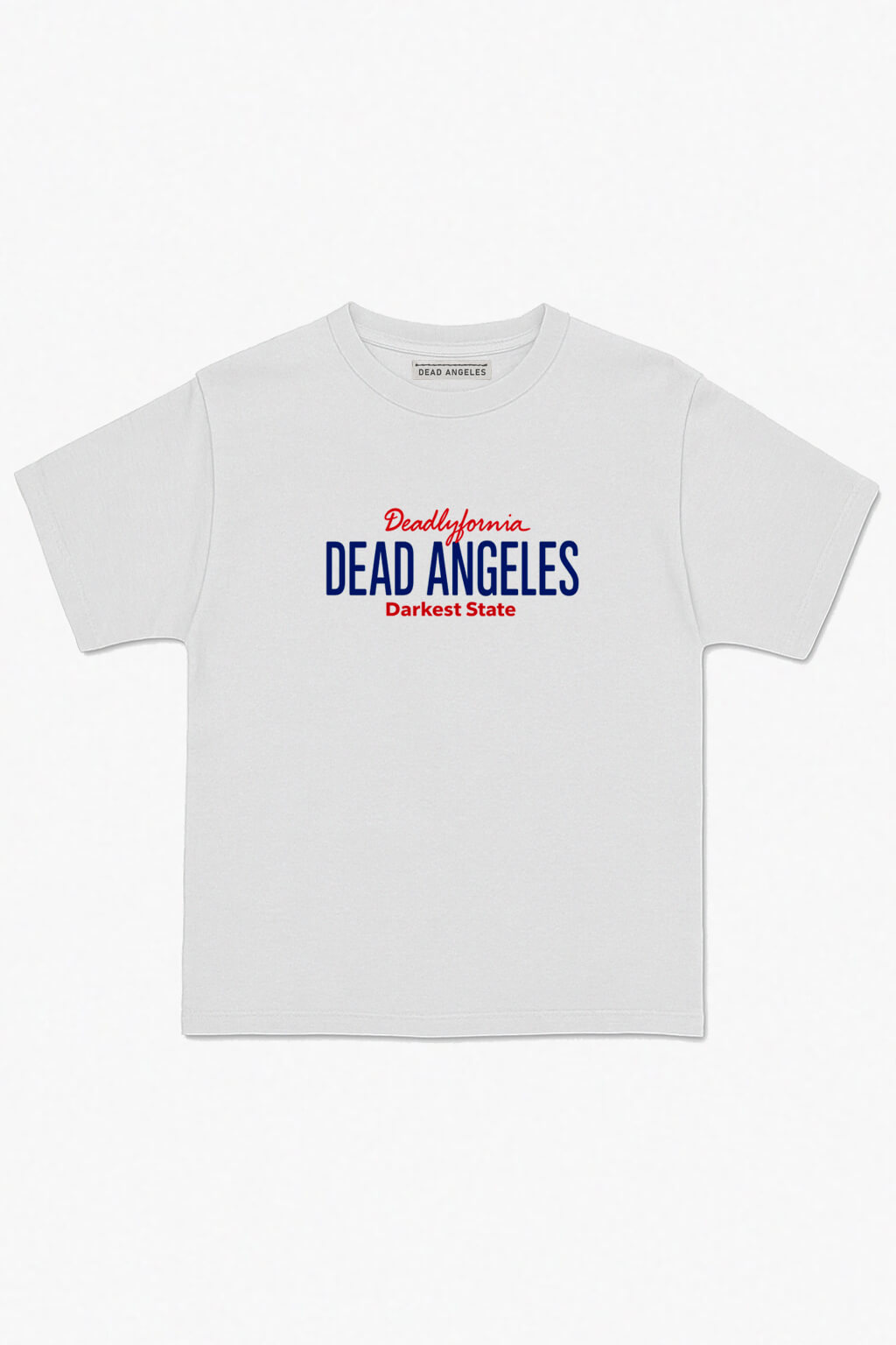 White graphic tee featuring dead angeles deadlyfornia car sign print inspired by route 66