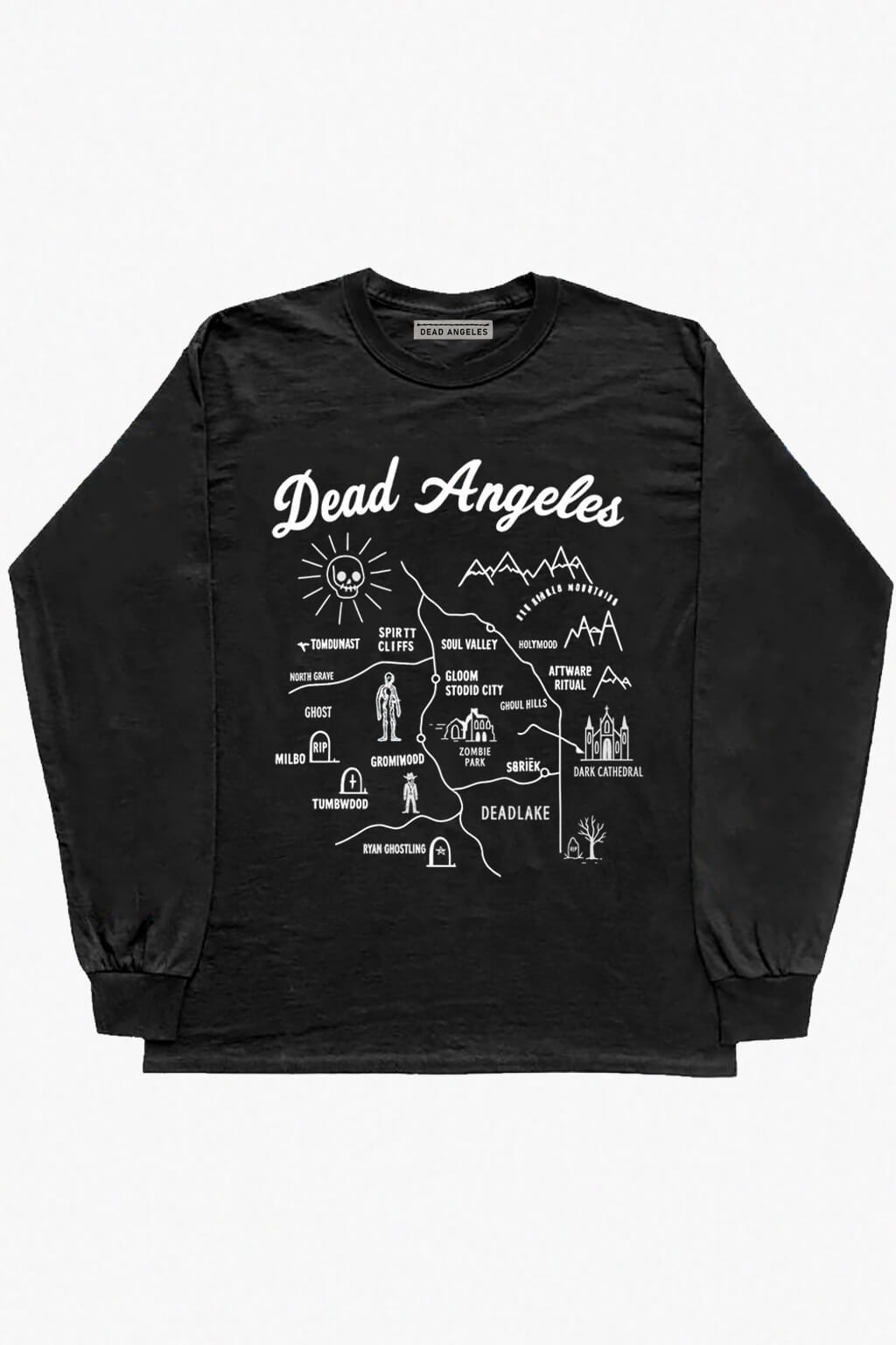 Dead angeles city map dark western print longsleeve black acid wash thin sweatshirt