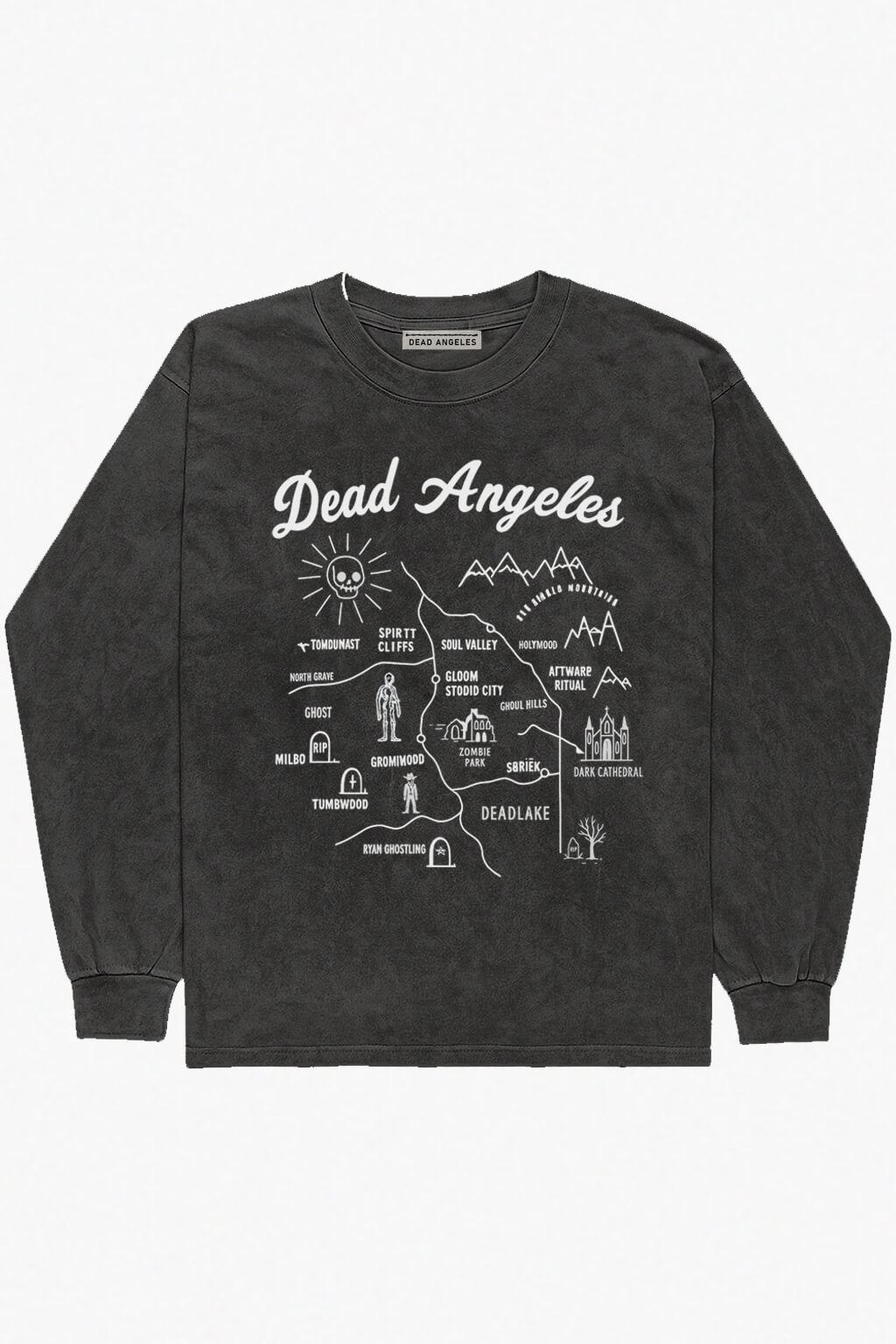 Dead angeles city map dark western print longsleeve black acid wash thin sweatshirt