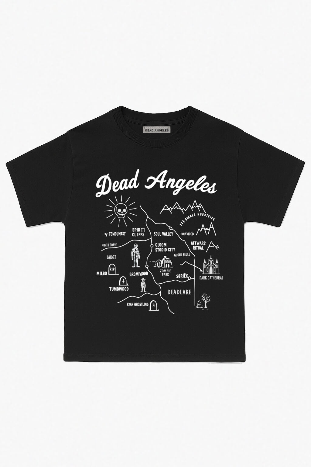 White Dead angeles city map dark western print t-shirt, gothic graphic tee