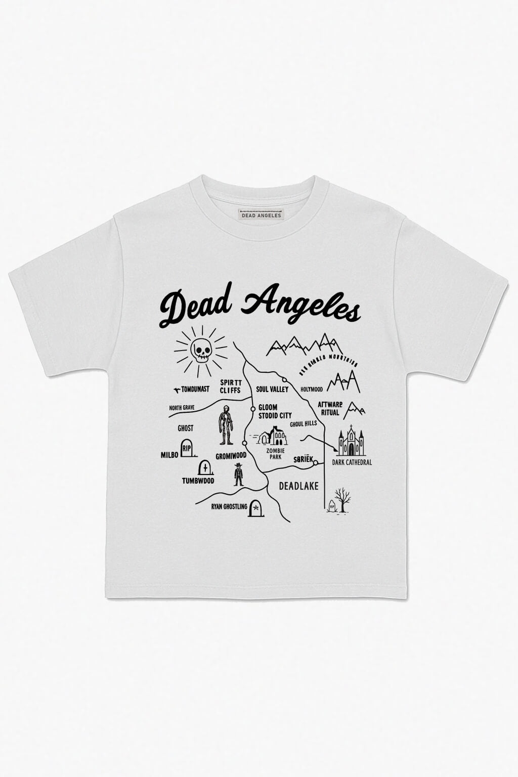 White Dead angeles city map dark western print t-shirt, gothic graphic tee