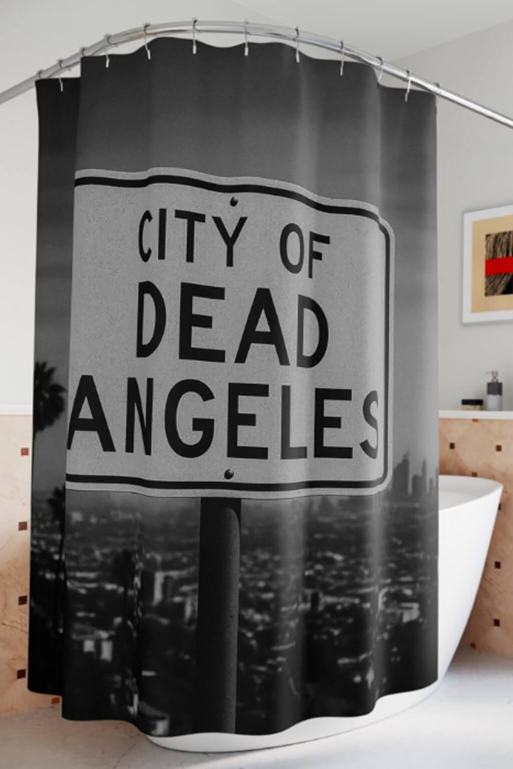 Shower curtain with 'City of Dead Angeles' sign design on a cityscape background
