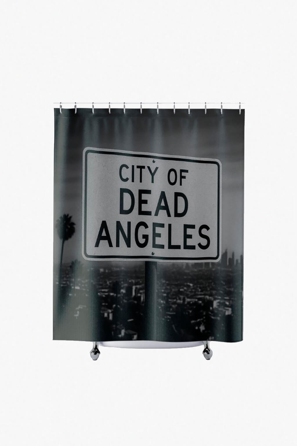 Shower curtain with 'City of Dead Angeles' sign design on a cityscape background