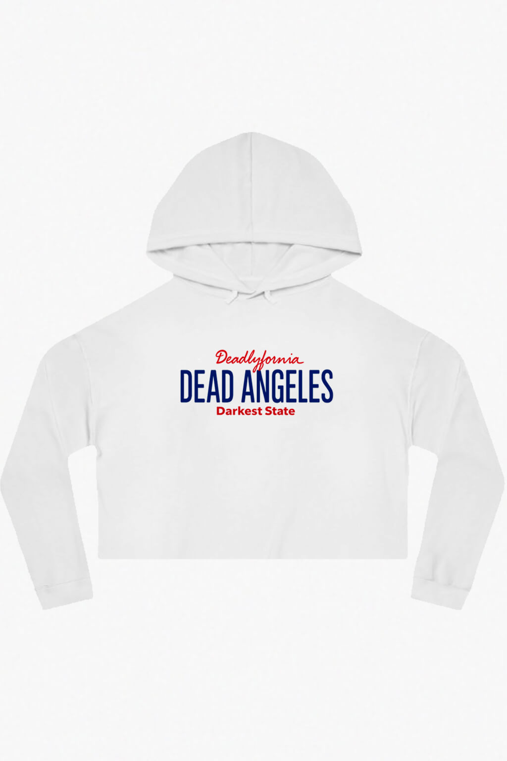 Front view of white crop hoodie with 'deadlyfornia' car sign graphic from dead angeles