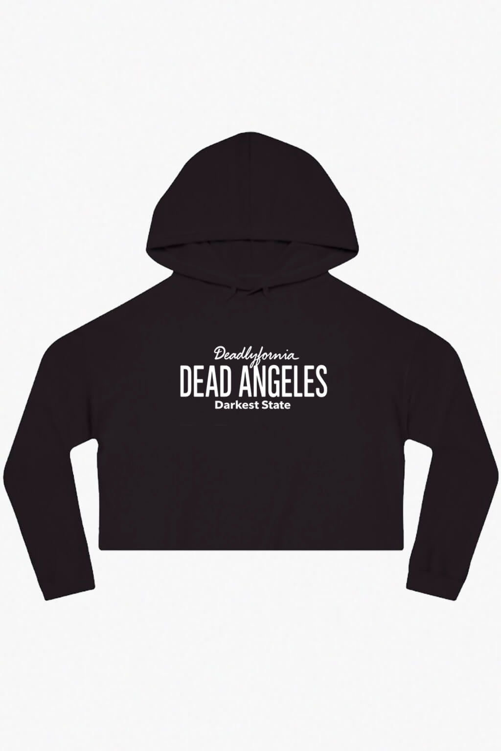 Front view of white crop hoodie with 'deadlyfornia' car sign graphic from dead angeles