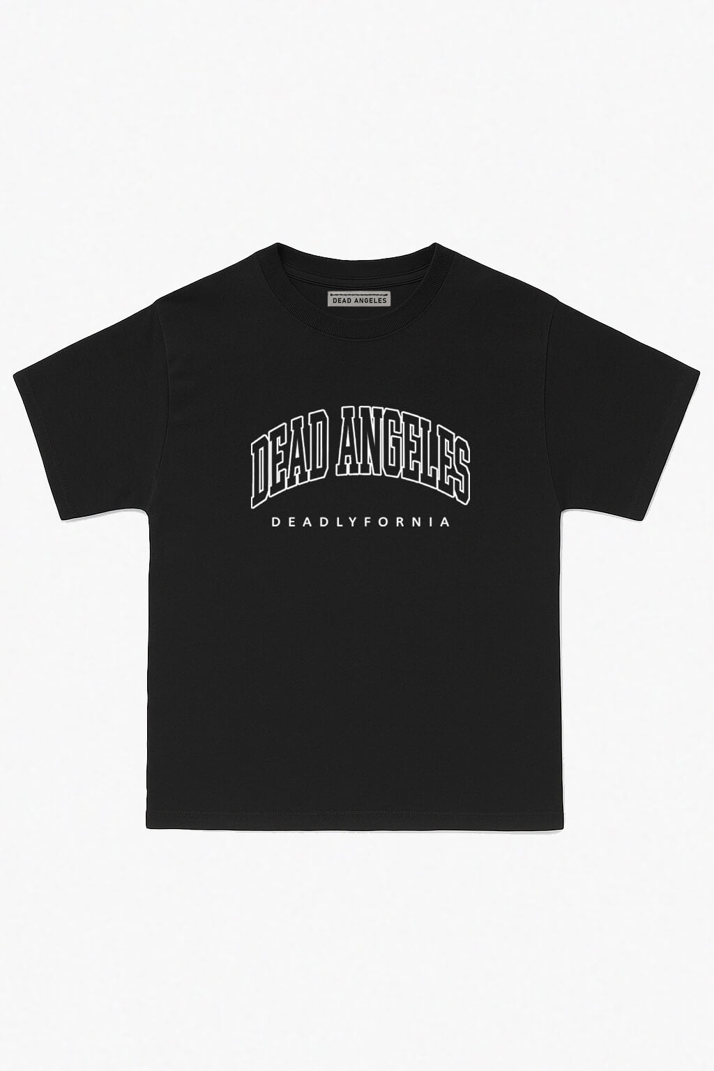 Dead angeles deadlyfornia yallternative graphic tee. Dark western turns los angeles california style print t-shirt into gothic aesthetics & cowgirl vibes. White cotton t-shirt front view