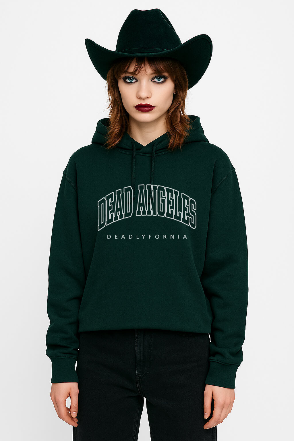 Dead angeles deadlyfornia cowgirl print hoodie model wearing green hoodie
