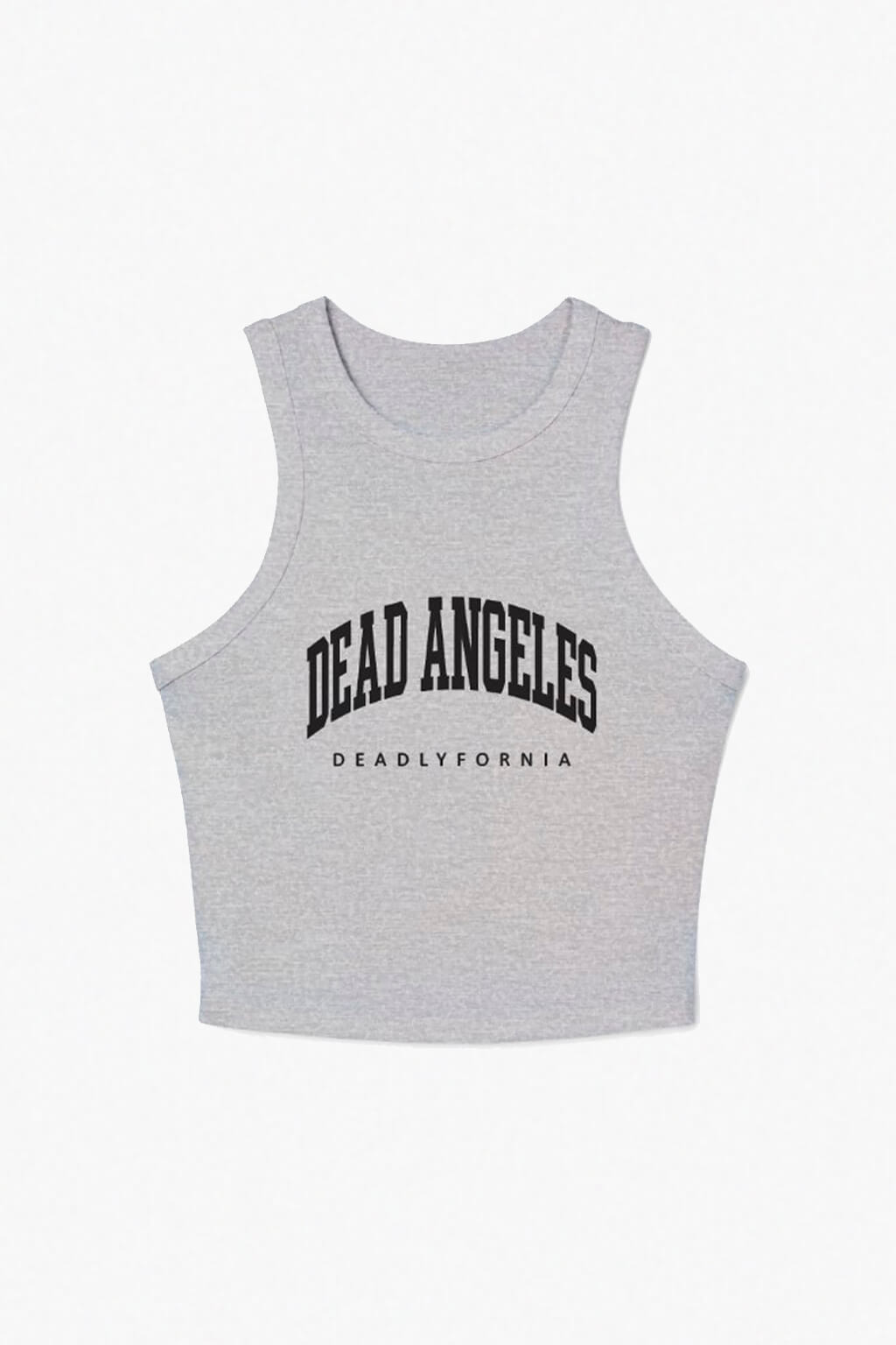 Dead angeles deadlyfornia rib racer tank top, graphic tee with dark western vibe. Cotton black color. For warm west coast days, this tank blends la attitude with dead angeles' — where california edge meets gothic minimalism.