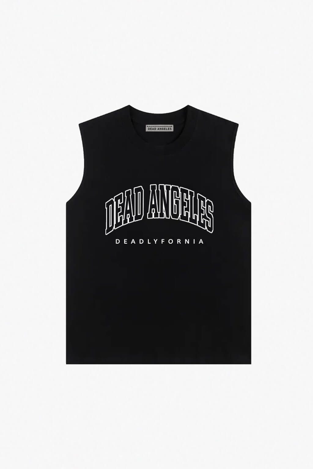Dead Angeles Deadlyfornia sleeveless print t-shirt. Dark western turns los angeles California style print t-shirt into gothic aesthetic, cowgirl vibes. Black sleeveless cotton t-shirt front side