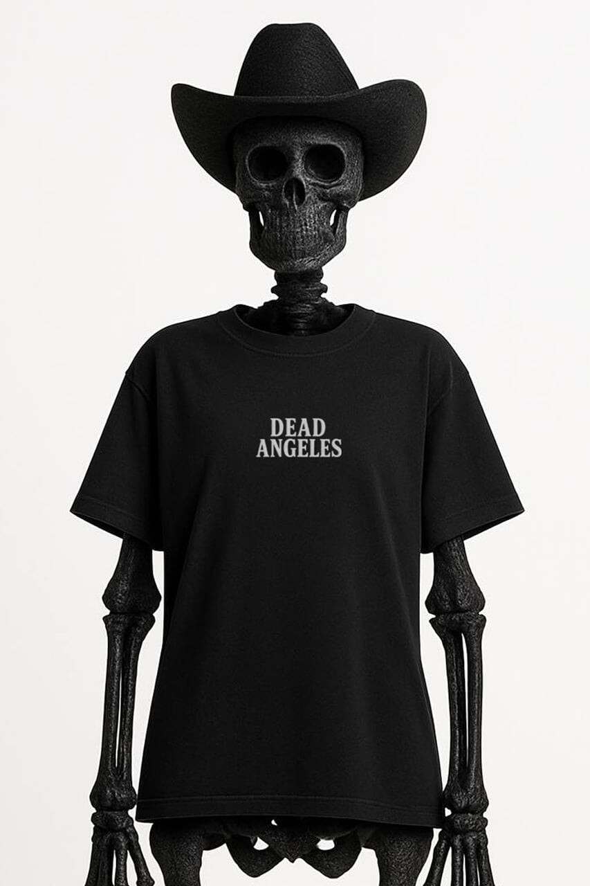Dead angeles embroidery logo black oversized t-shirt - black skeleton model photo