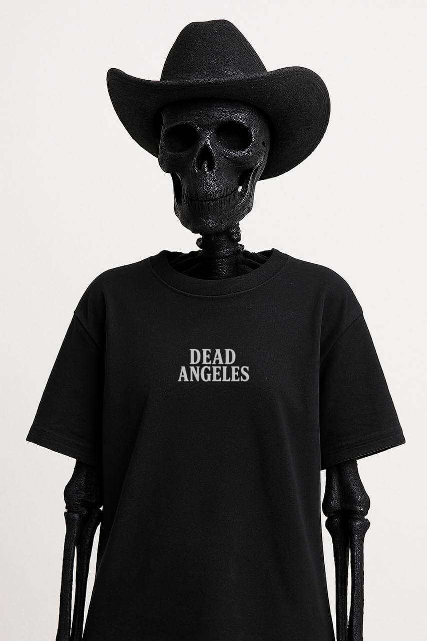 Dead angeles embroidery logo black oversized t-shirt - black skeleton model photo
