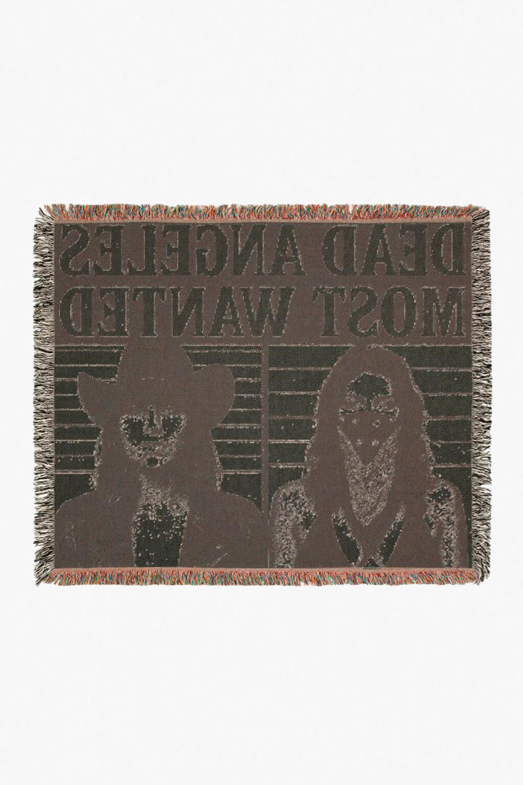 Back side of Dead angeles most wanted cowgirls woven blanket front mugshot outlaw wall decor