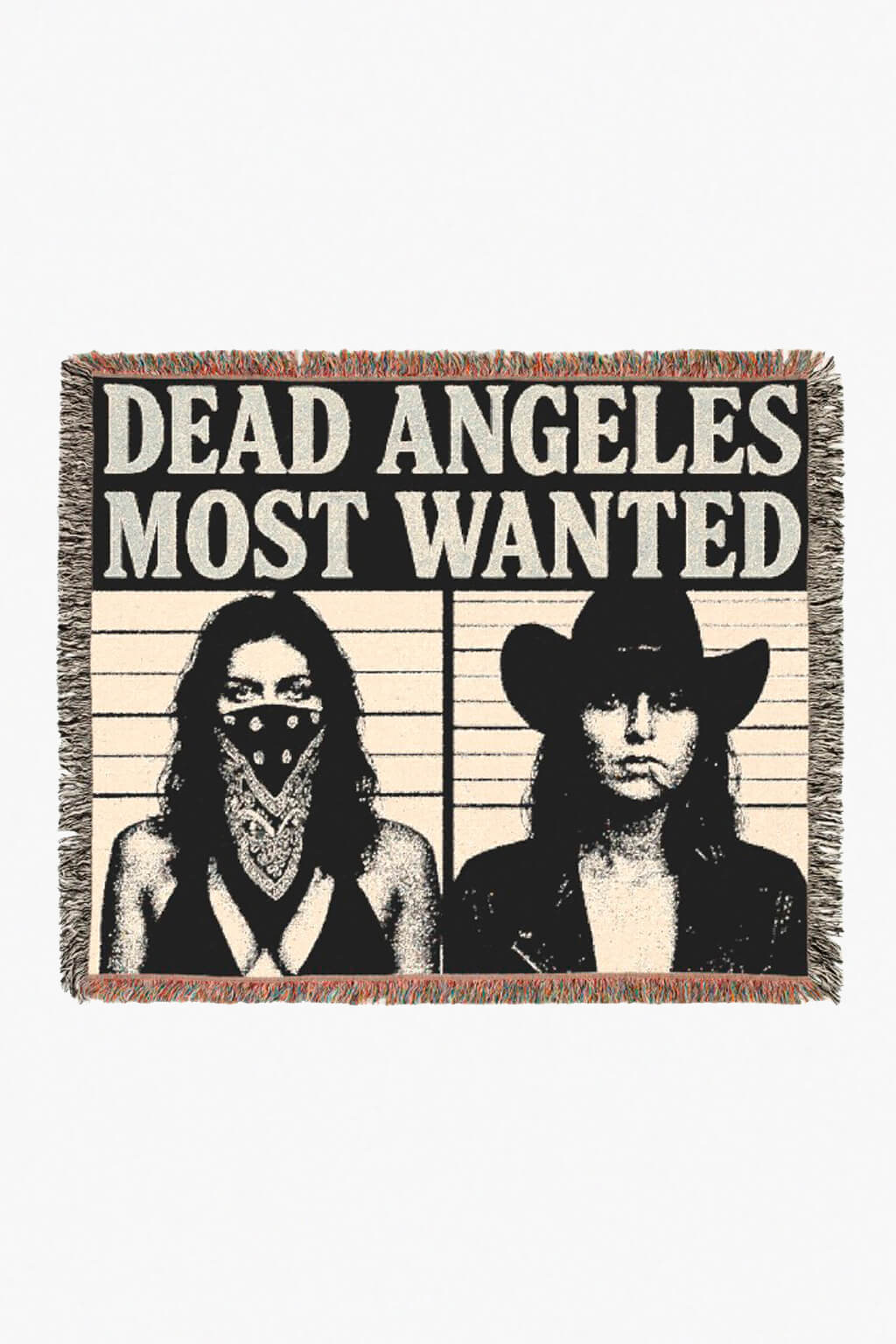 Dead angeles most wanted cowgirls woven blanket front mugshot outlaw wall decor