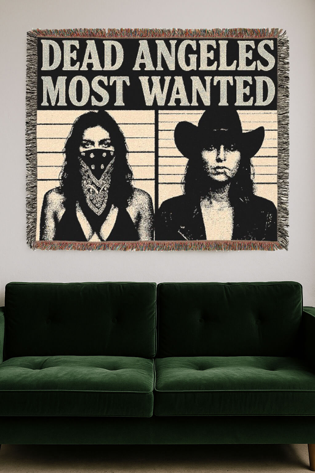 Dead angeles most wanted cowgirls woven blanket front mugshot outlaw wall decor