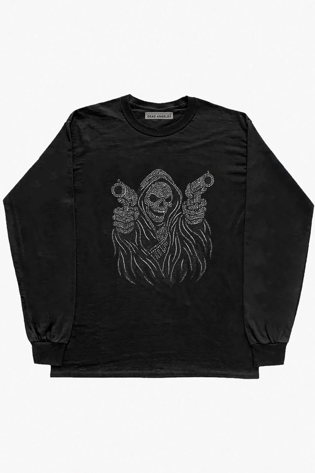 Black long sleeve shirt with dead angeles rhinestones print featuring skeleton with guns 