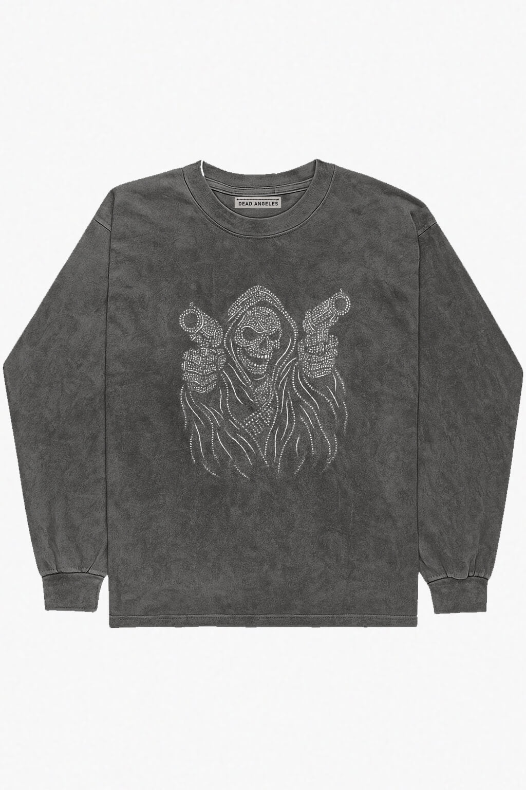 Black long sleeve shirt with dead angeles rhinestones print featuring skeleton with guns 