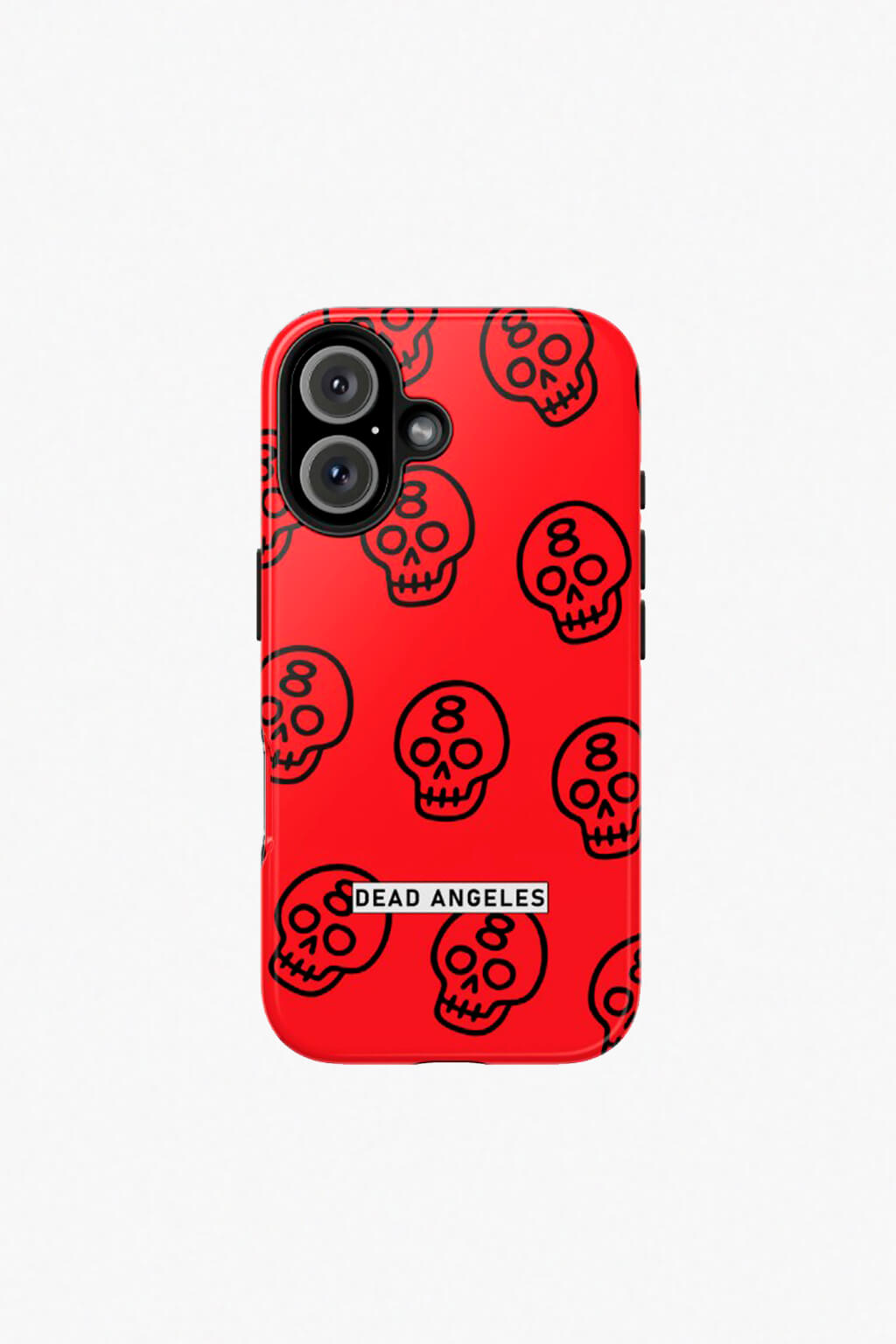 Black iphone case with white skulls marked with number 8 and dead angeles logo in bold text