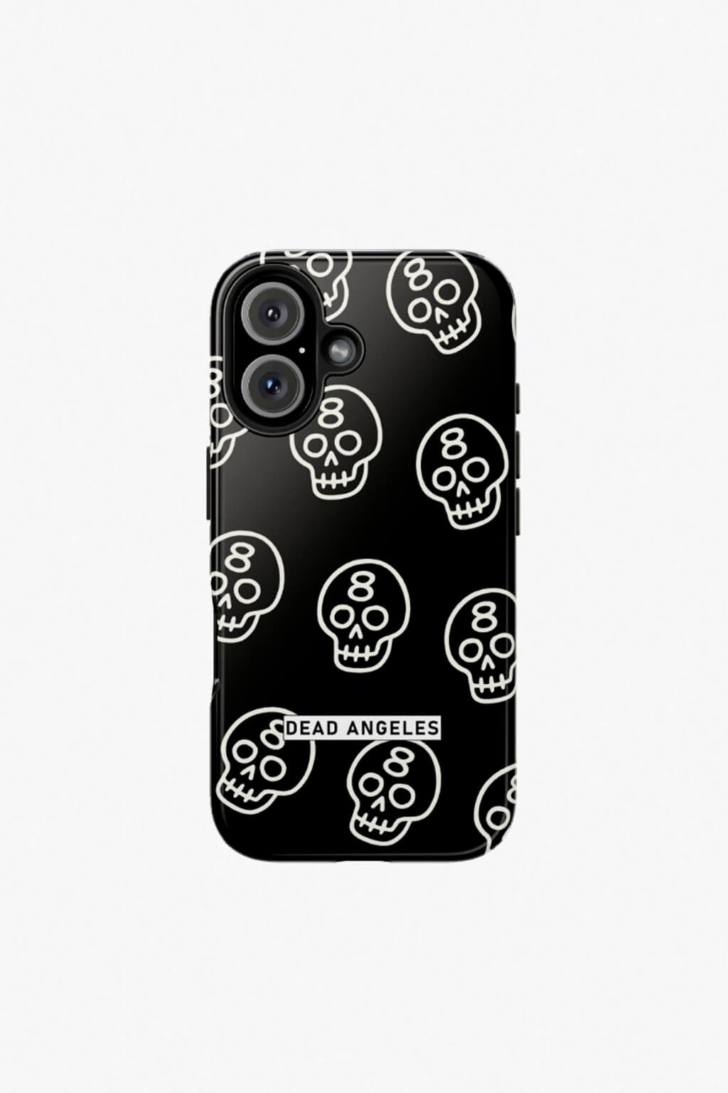 Black iphone case with white skulls marked with number 8 and dead angeles logo in bold text