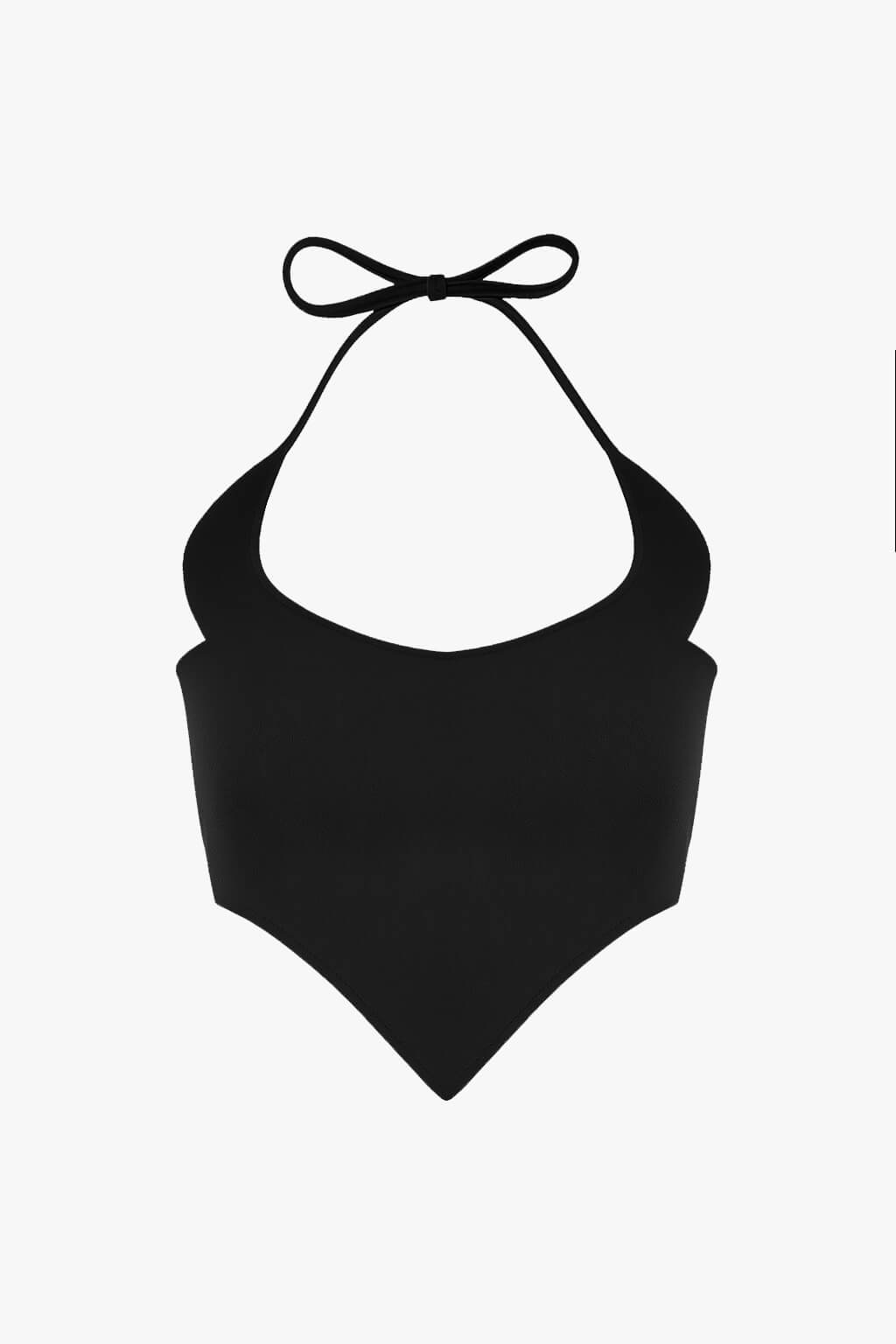 Red halter top with a bow on a white background. Devil shape strapps crop top by Dead Angeles