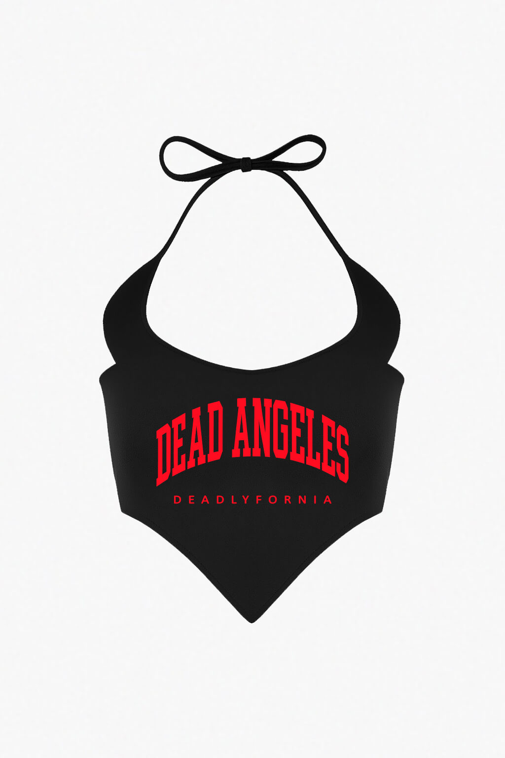 Black halter top with 'dead angeles' red logo text on a white background. Devil shape strapps crop top