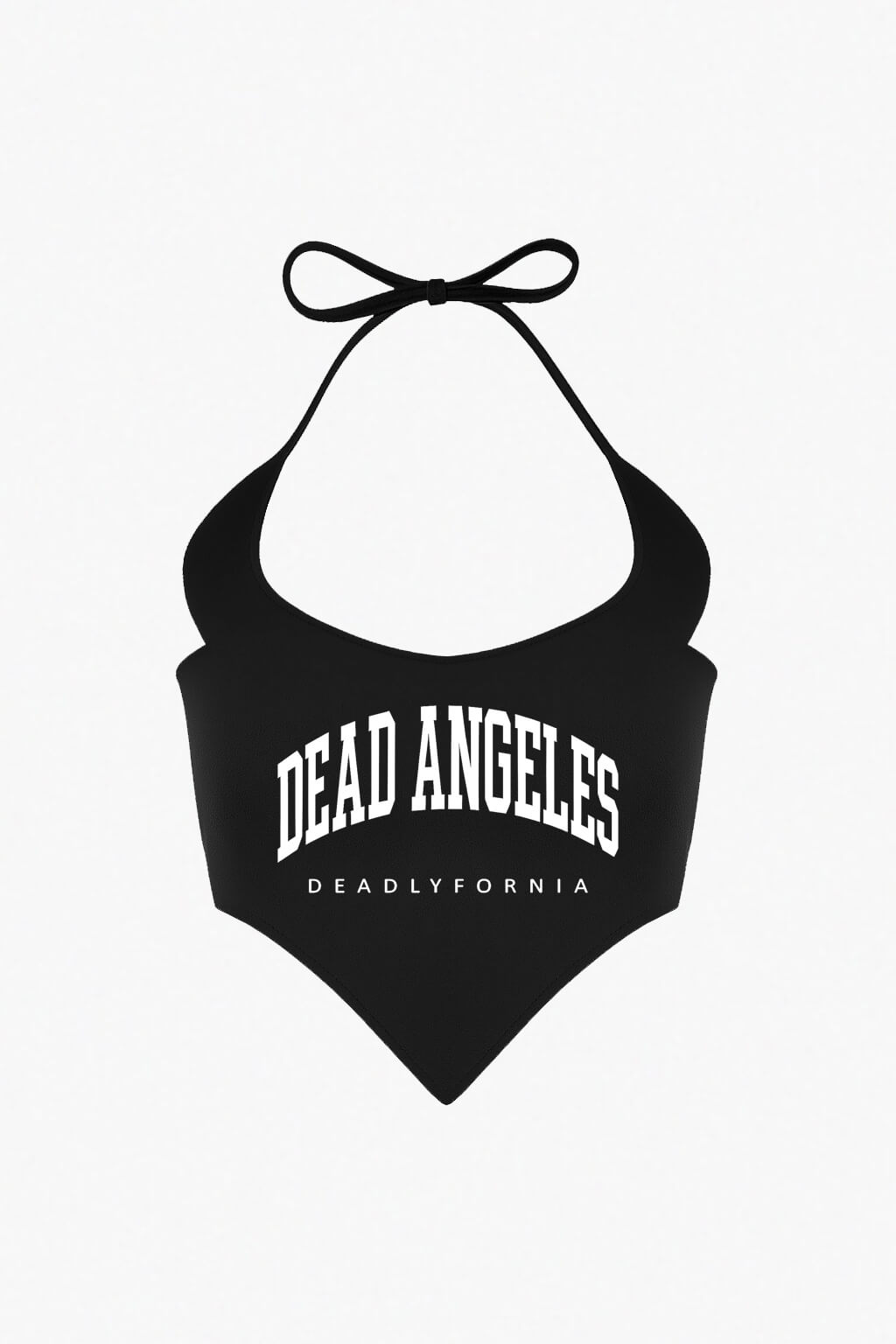 Black halter top with 'dead angeles' red logo text on a white background. Devil shape strapps crop top