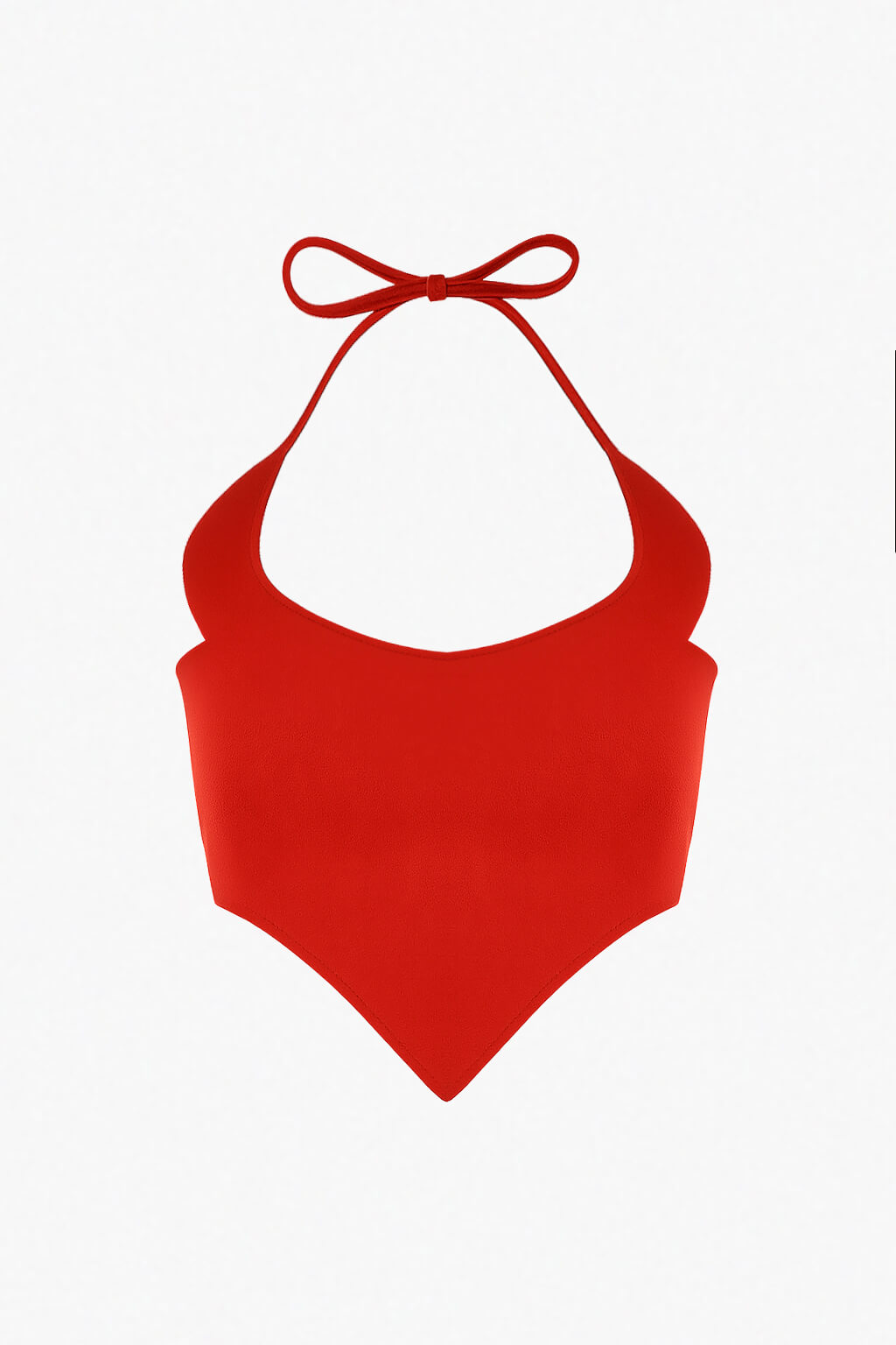 Red halter top with a bow on a white background. Devil shape strapps crop top by Dead Angeles