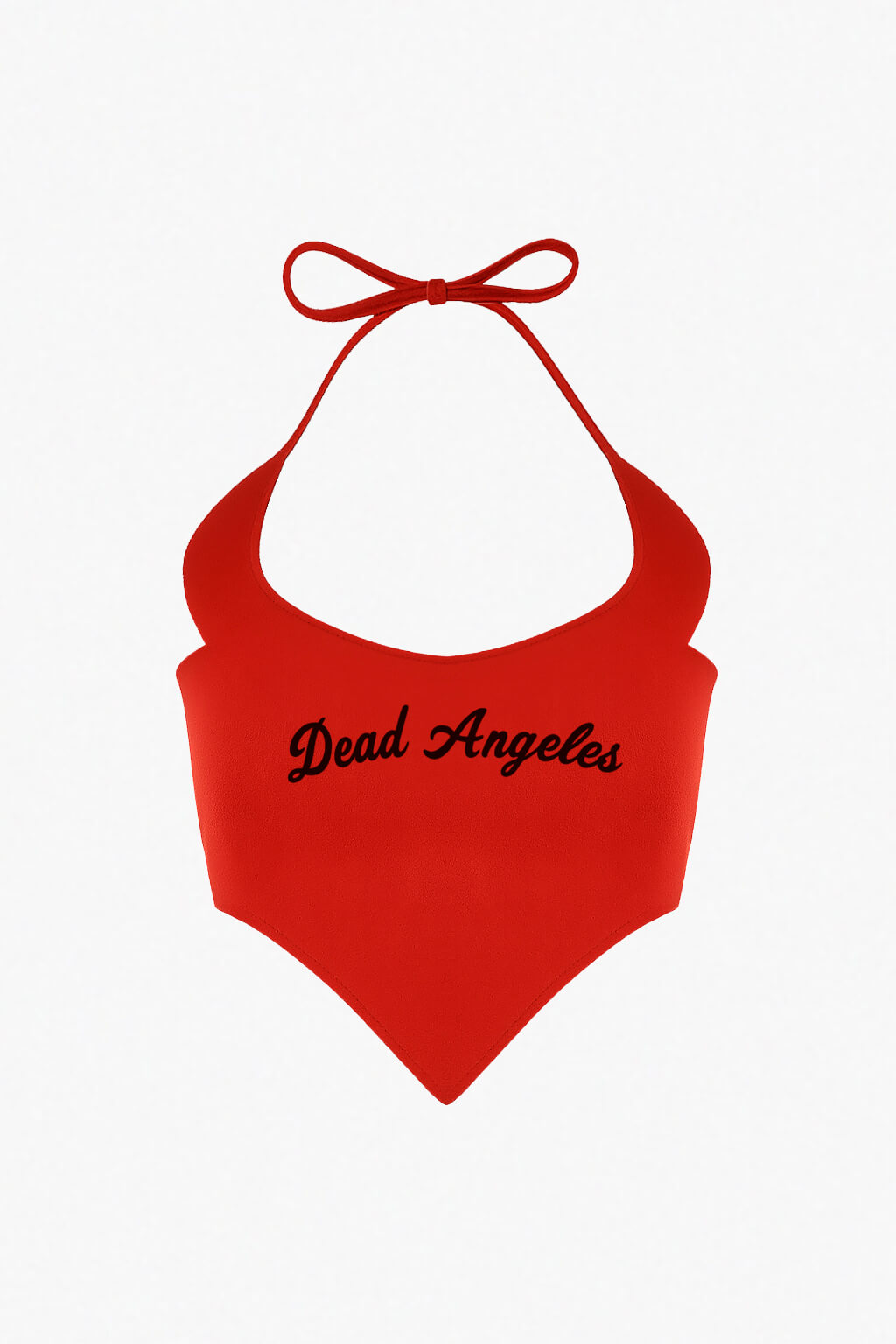 Black halter top with 'dead angeles' text on a white background. Devil horns shape strapps neckline 