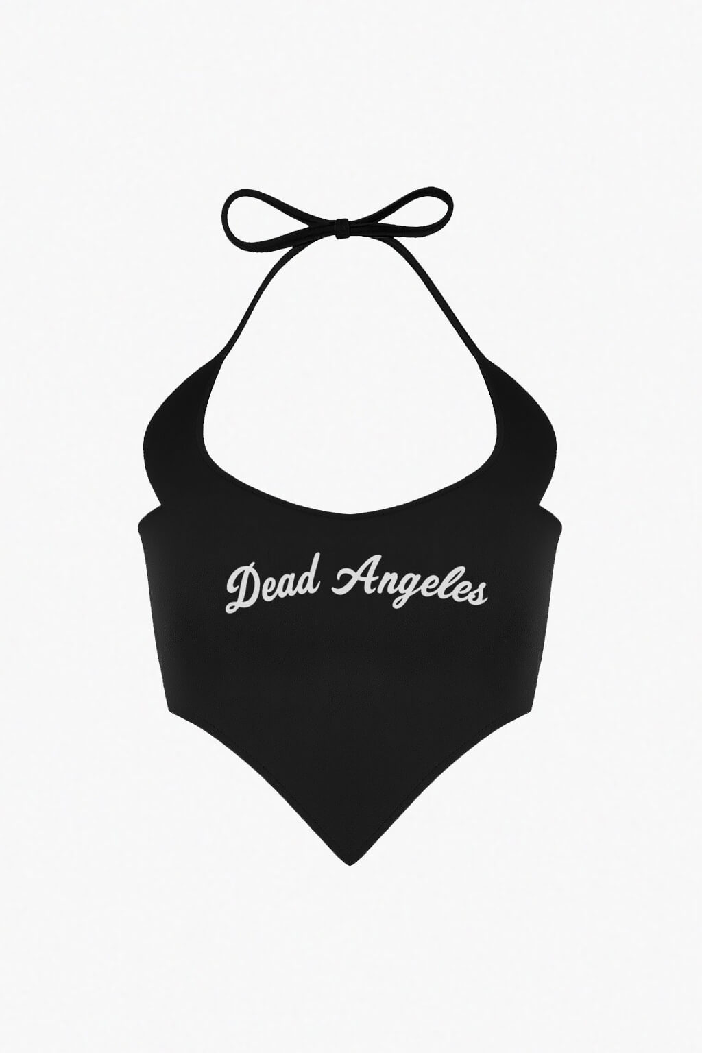 Black halter top with 'dead angeles' text on a white background. Devil horns shape strapps neckline 