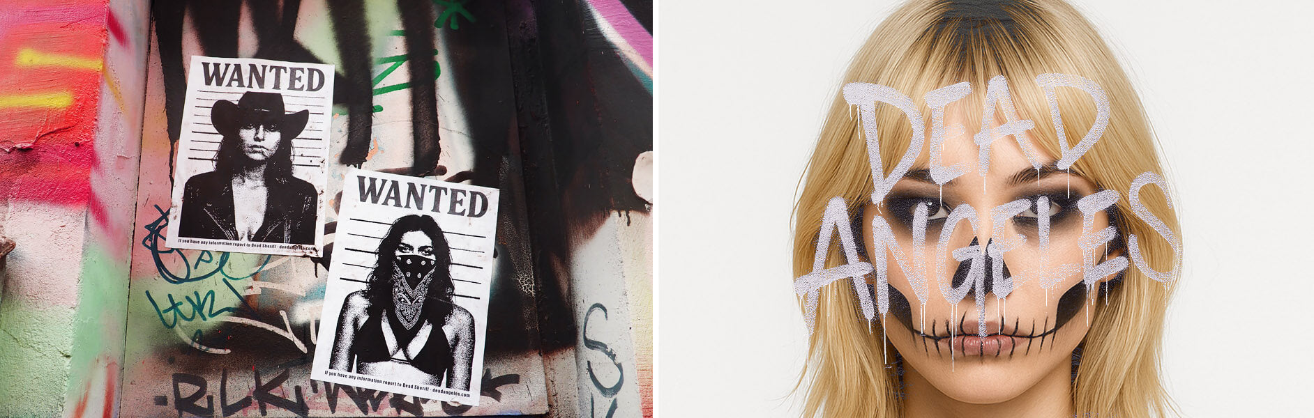 Model with skeleton makeup and 'DEAD ANGELES' graffiti text on a white background. Darktown DA district collection cover image.slider_item_6nDQCp