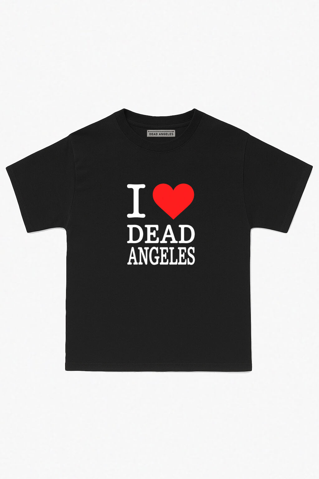 White t-shirt with red heart graphic and bold dead angeles text. I love dead angeles text.