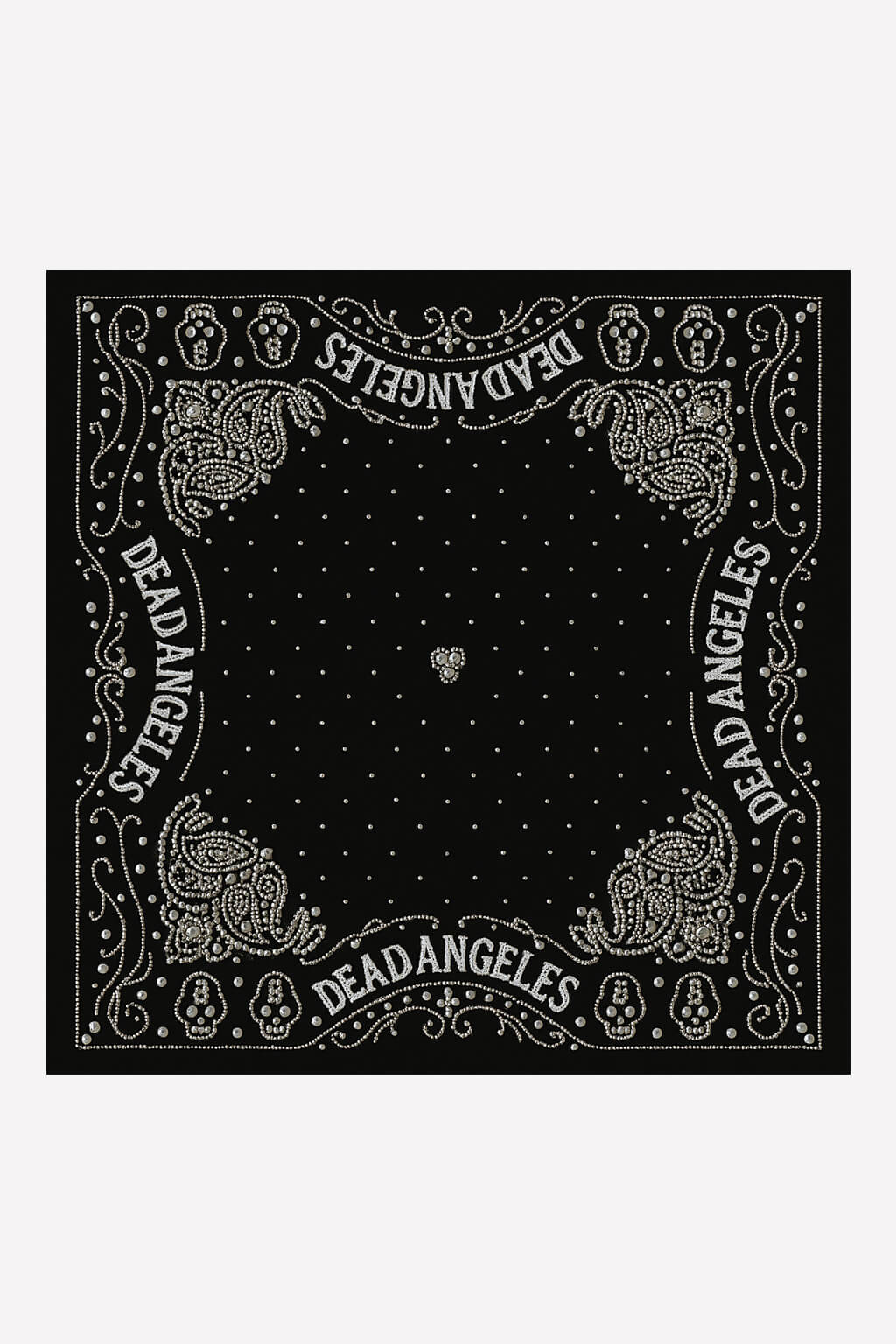 Handmade paisley bandana with pearl beads by Dead Angeles. Skull print and dark western style. Full Front View