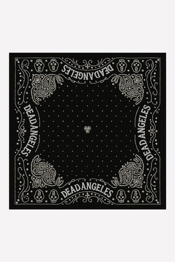 Handmade paisley bandana with pearl beads by Dead Angeles. Skull print and dark western style. Full Front View