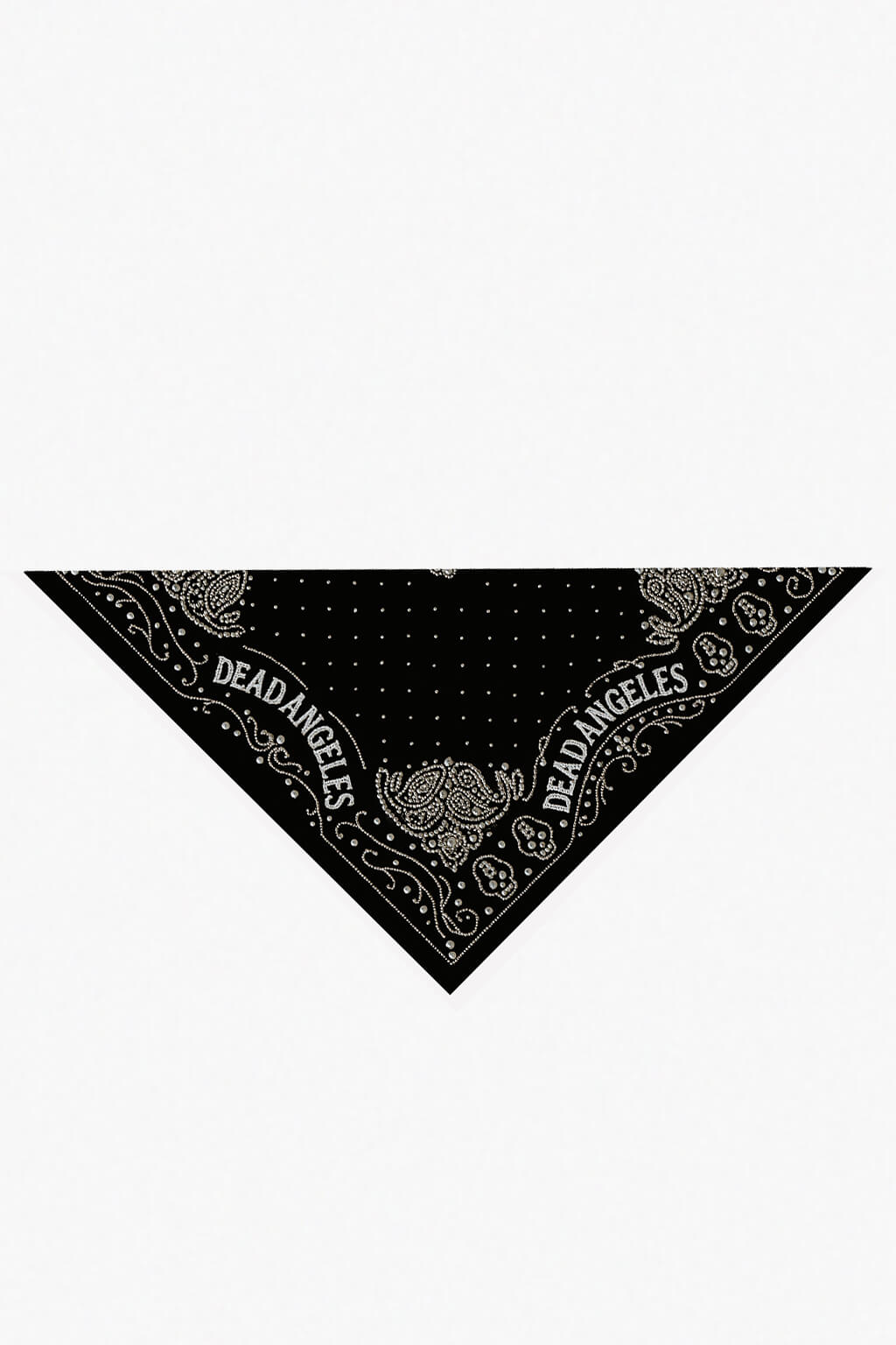 Handmade paisley bandana with pearl beads by Dead Angeles. Skull print and dark western style. Full Front View
