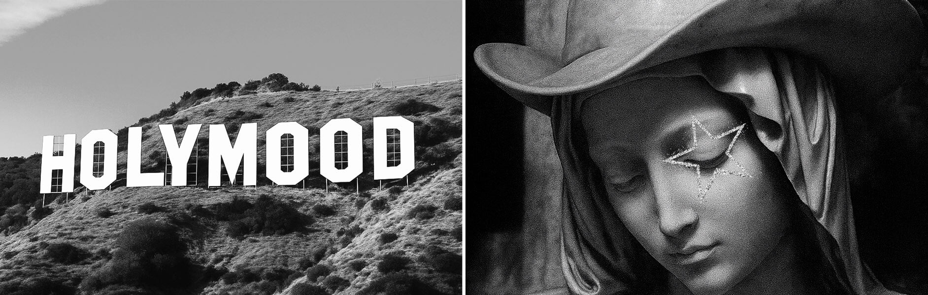 Holymood hills letters black white picture. Maria maiden sculpture wearing cowboy hat with glitter silver star on eye makeup. Holymood cover image by Dead Angelesslider_item_WbiNDd