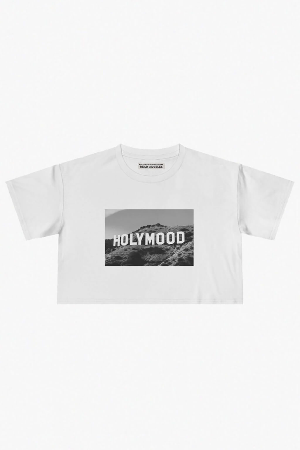 Hollywood parody print crop top from dead angeles — california style graphic tee with landscape view print.  Black and white graphic photo print