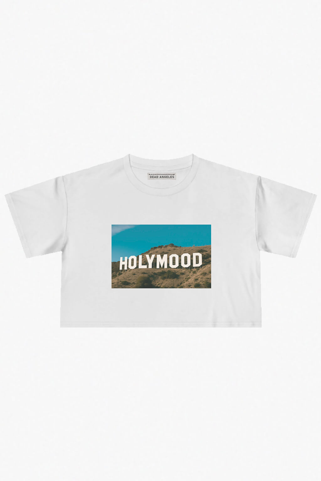 Hollywood parody print crop top from dead angeles — california style graphic tee with landscape view print.  Black and white graphic photo print