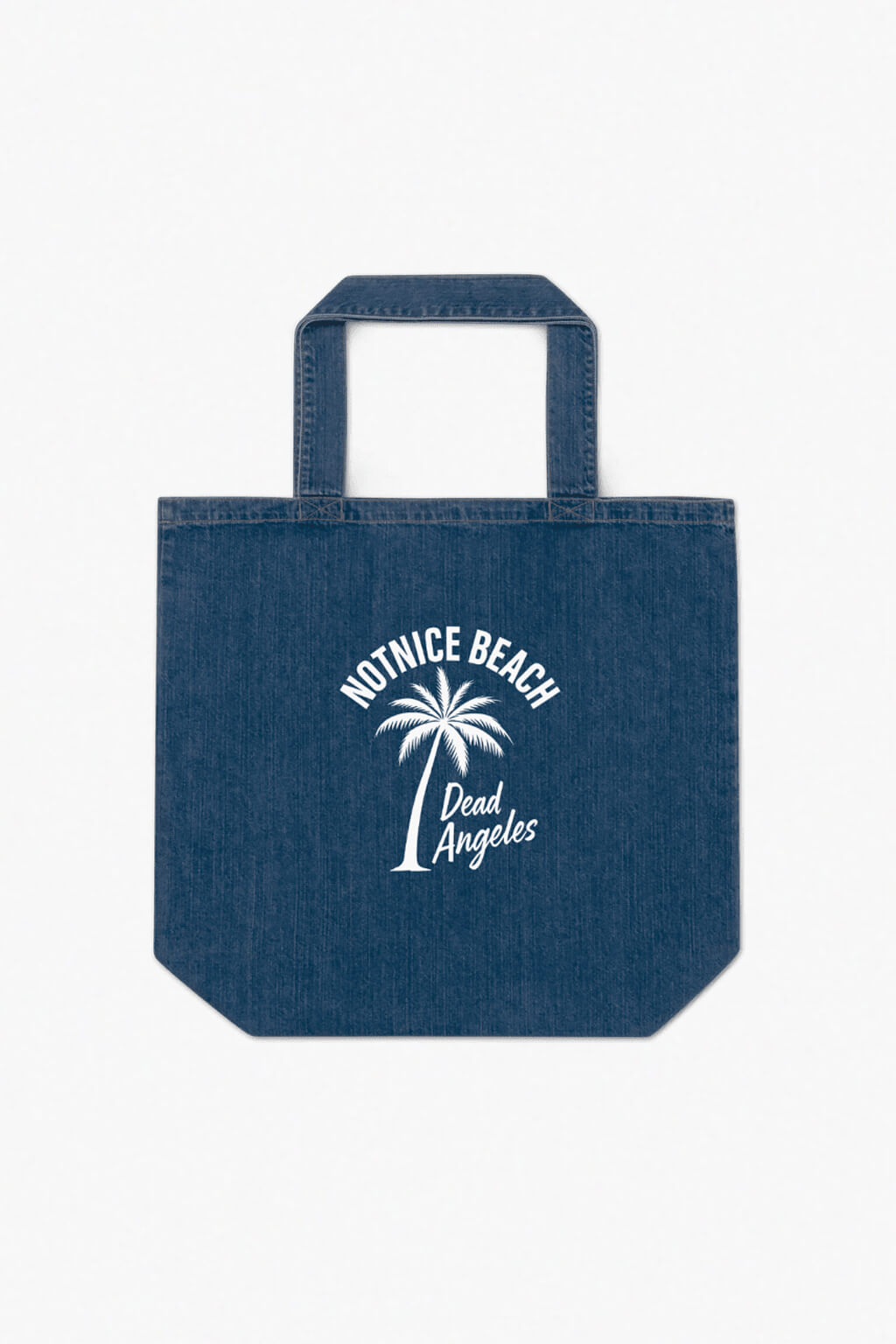Notnice beach palm print denim tote bag, blue jean front view